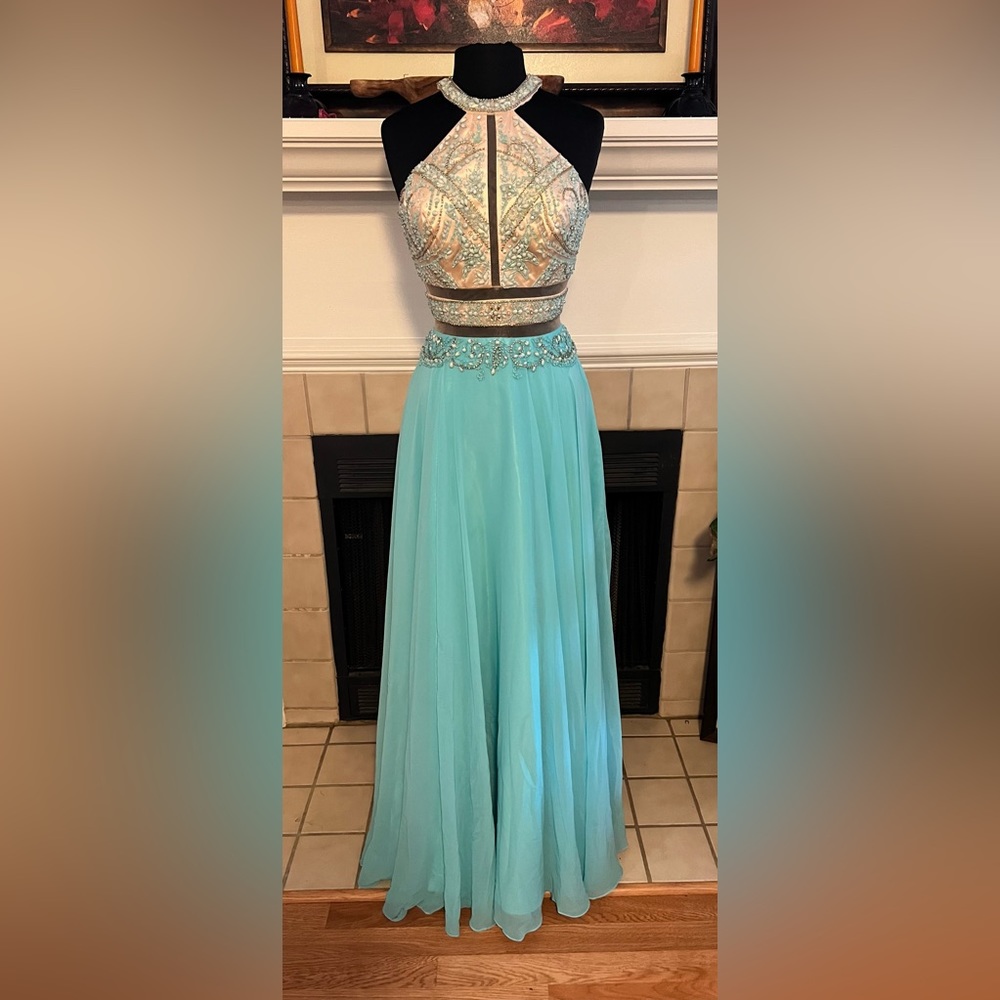 Eureka Aqua & Beaded Evening Gown